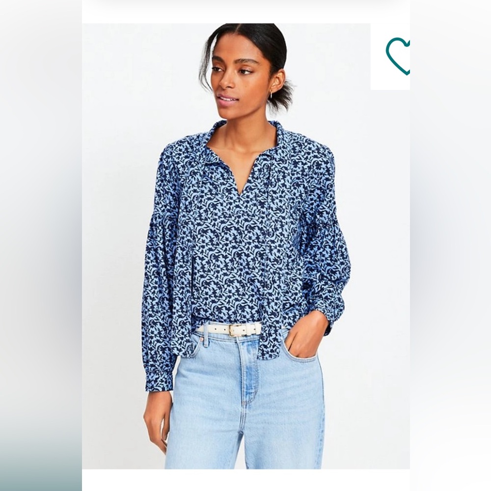 Loft Shadow floral tie neck blouson sleeve blouse- worn about 5x- 70 retail